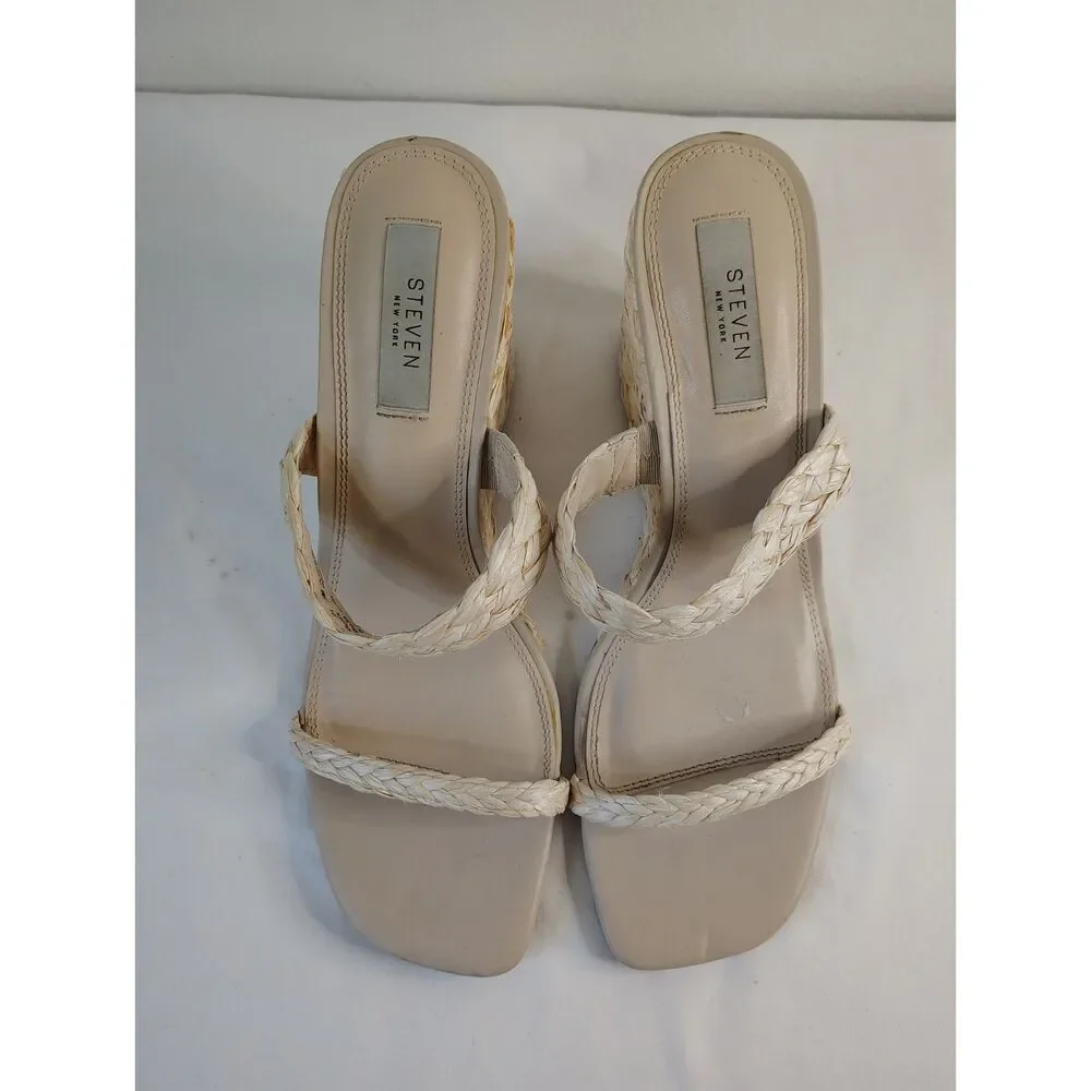 Steven New York Raffia Wedge Slide Shoes Beige Braided Sandals Women's 11M
